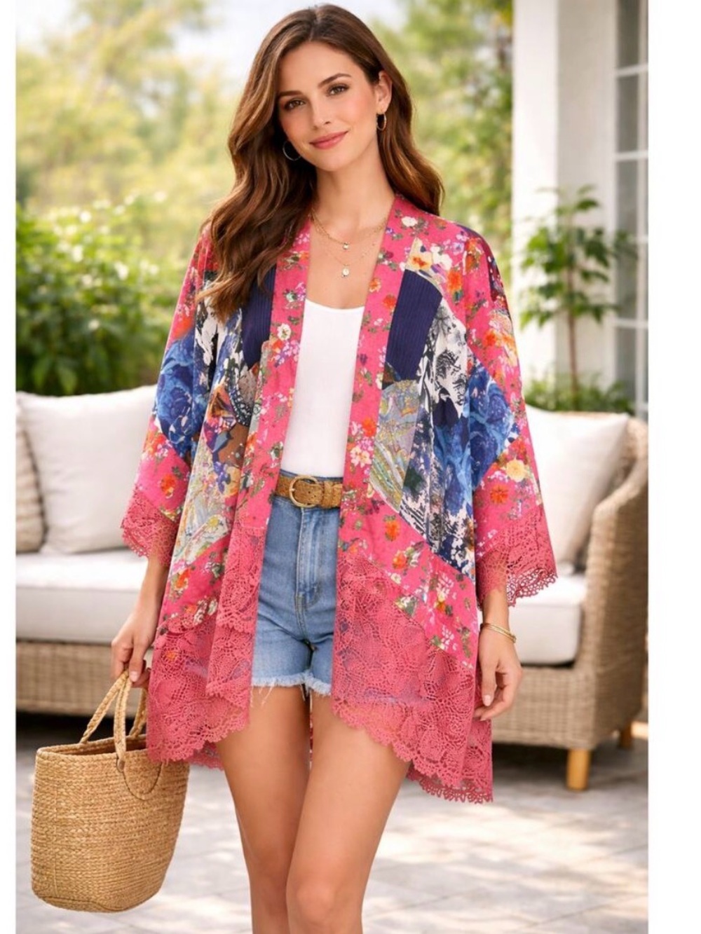 John Mark Floral Kimono floral size small lace trim pink patchwork
